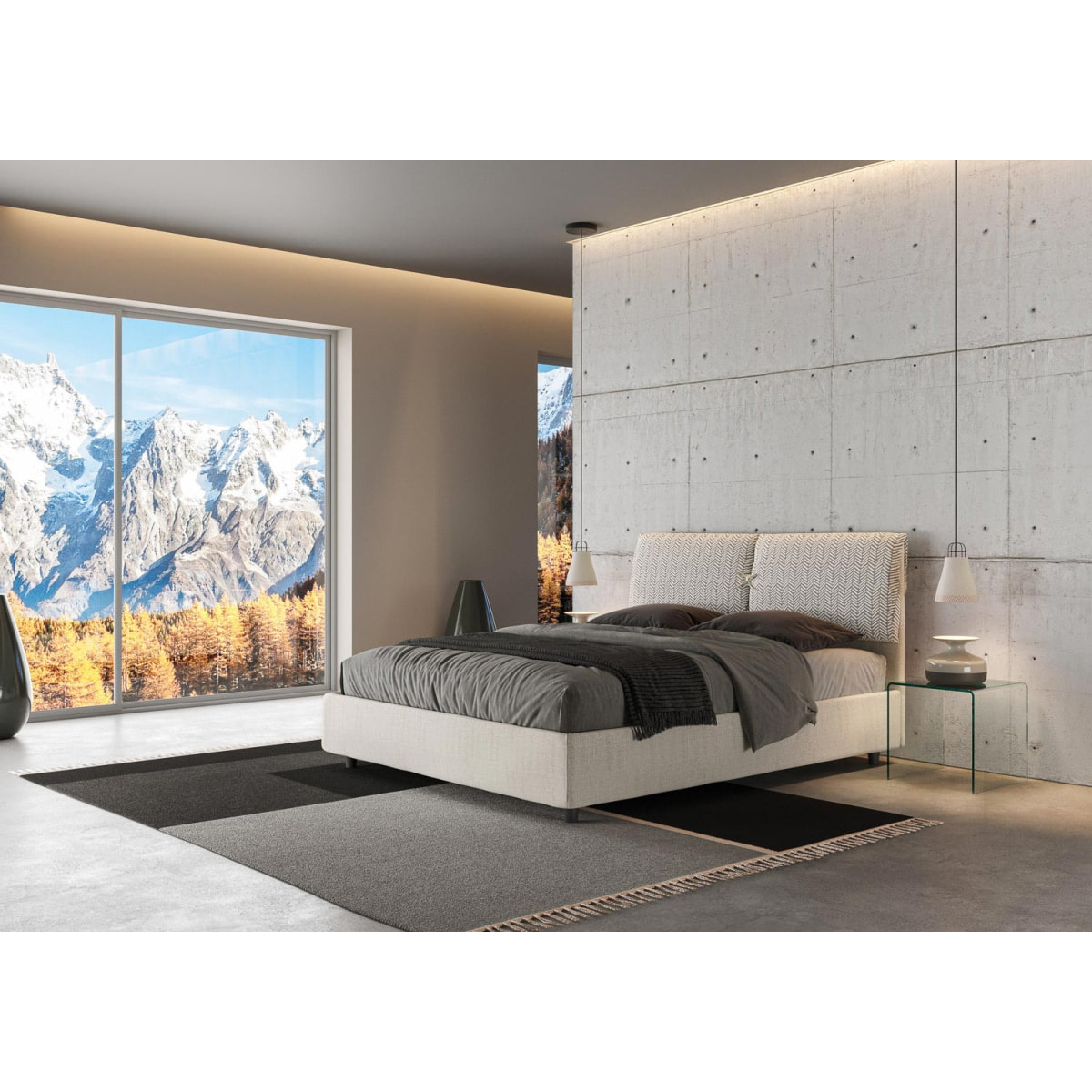 Letto matrimoniale con rete imbottito 160x210 tessuto Aragona 1 bianco Mados