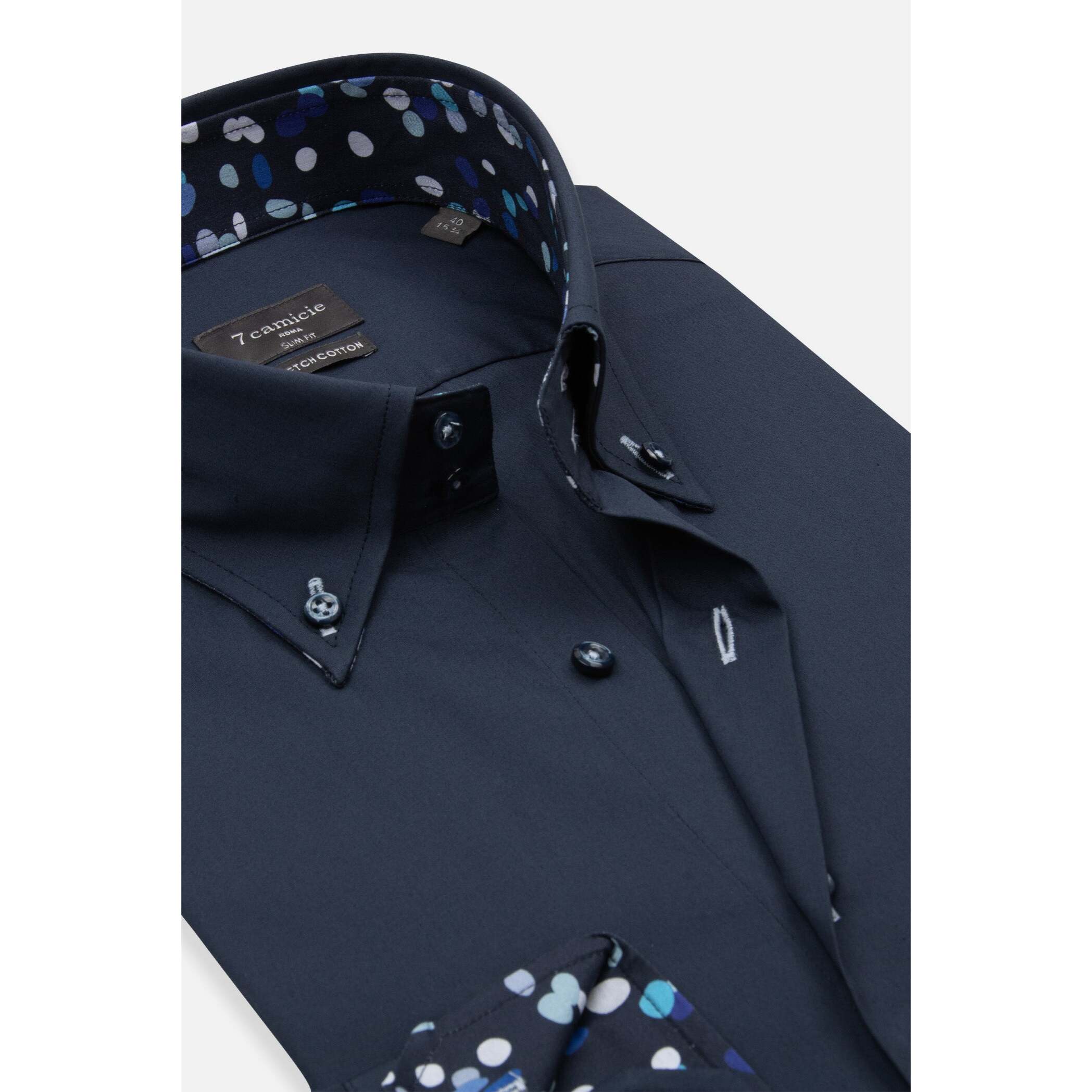 Camicia Uomo 2 Bottoni Button Down Slim Popeline Stretch Unito Blu