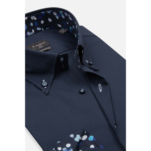 Camicia Uomo 2 Bottoni Button Down Slim Popeline Stretch Unito Blu