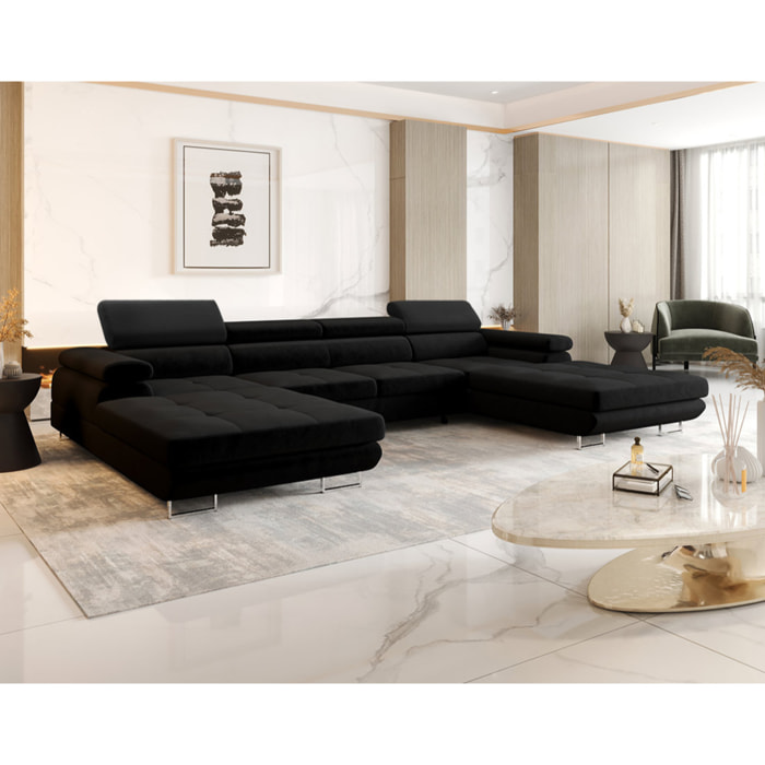 Ayden - Canapé panoramique en U 7 places convertible avec coffre et têtières réglables en tissu - Noir