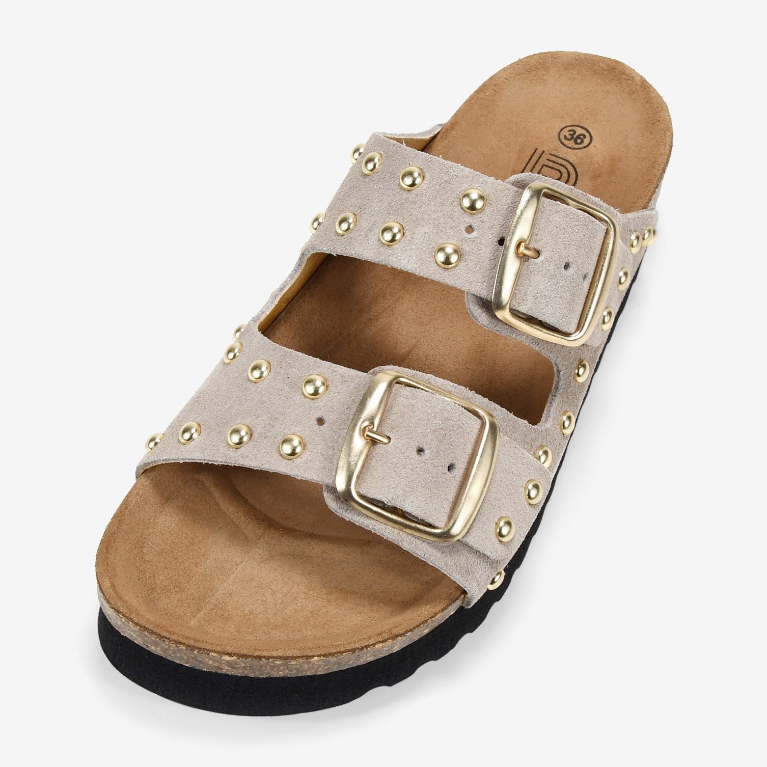 Sandalias de plataforma piedra en piel con hebillas y tachas metálicas