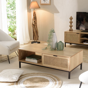 MARCEAU - Table basse 1 niche 2 tiroirs cannage naturel pieds métal noir