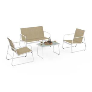 Salon de jardin 4 places en textilène blanc et beige