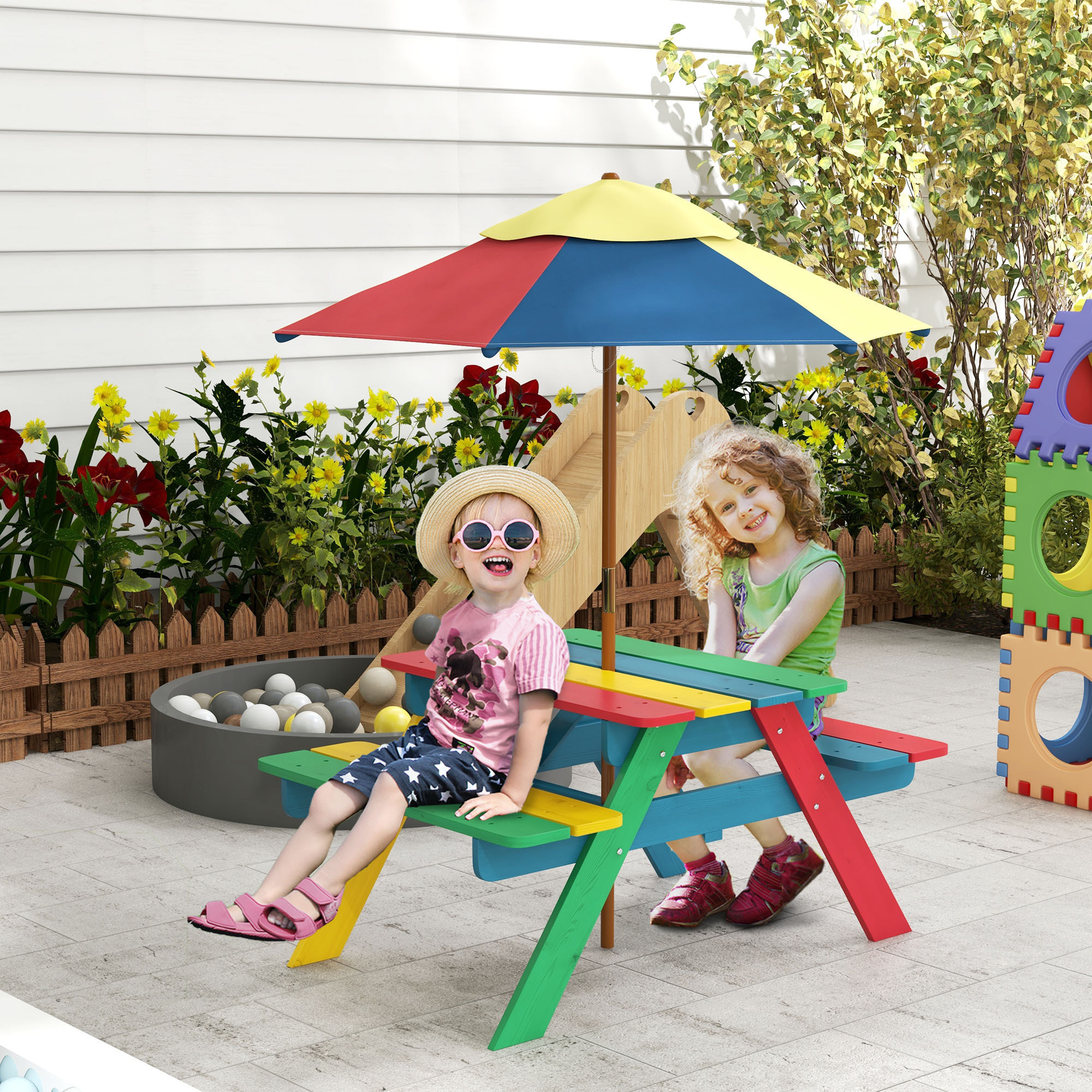 Mesa de Picnic para Niños de Madera Mesa y 2 Bancos Infantiles con Sombrilla Extraíble para Jardín Patio 85,5x75x142,5 cm Multicolor