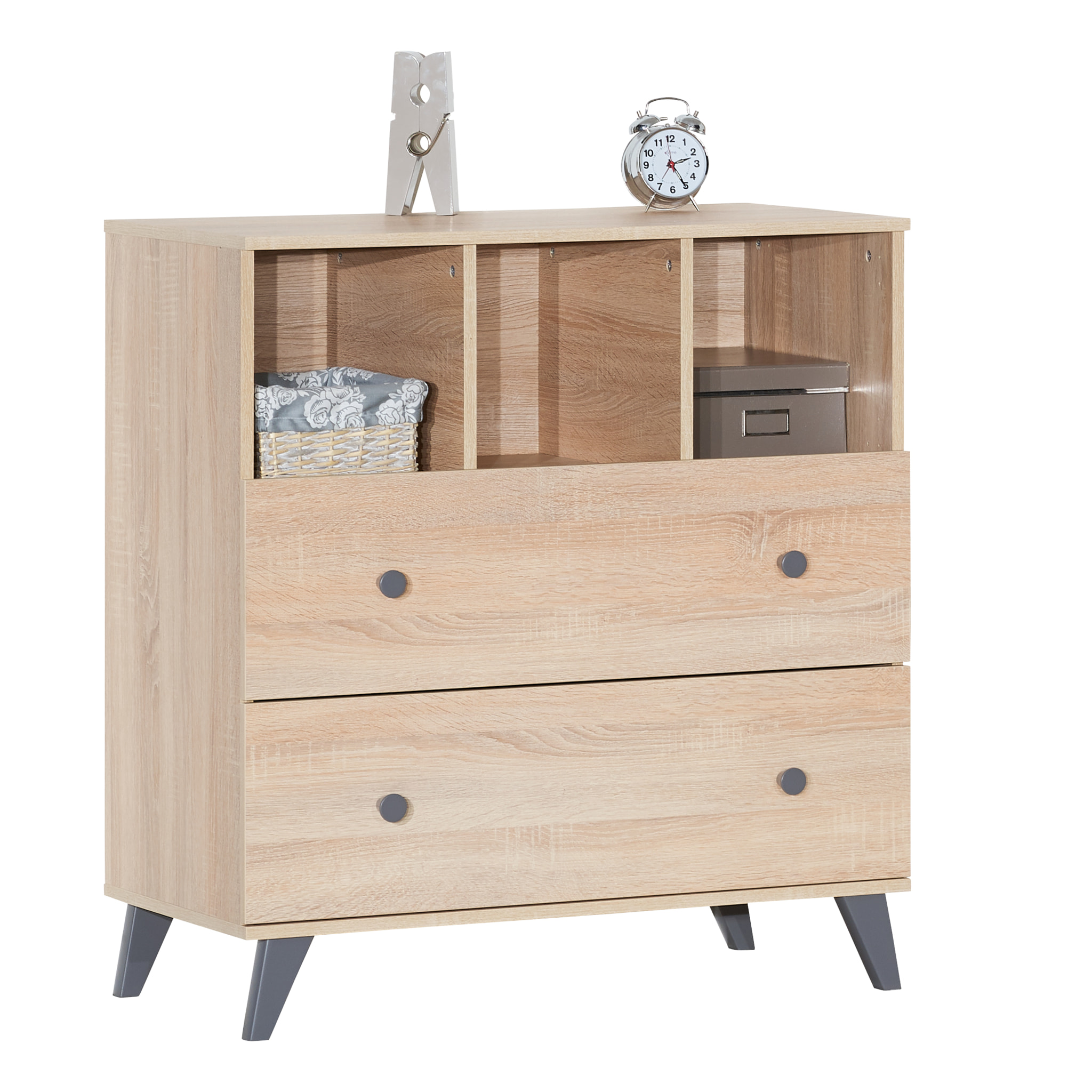 Commode à langer 2 tiroirs et 3 niches décor bois chêne