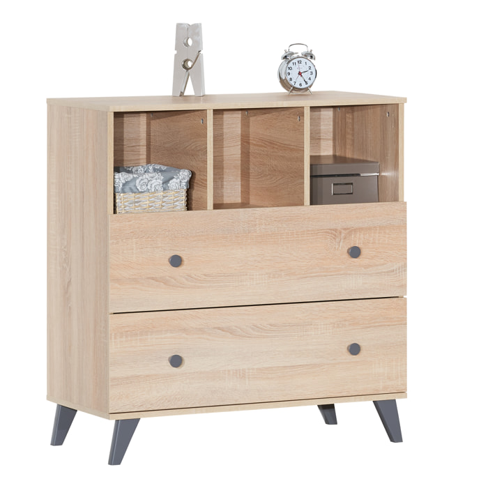 Commode à langer 2 tiroirs et 3 niches décor bois chêne