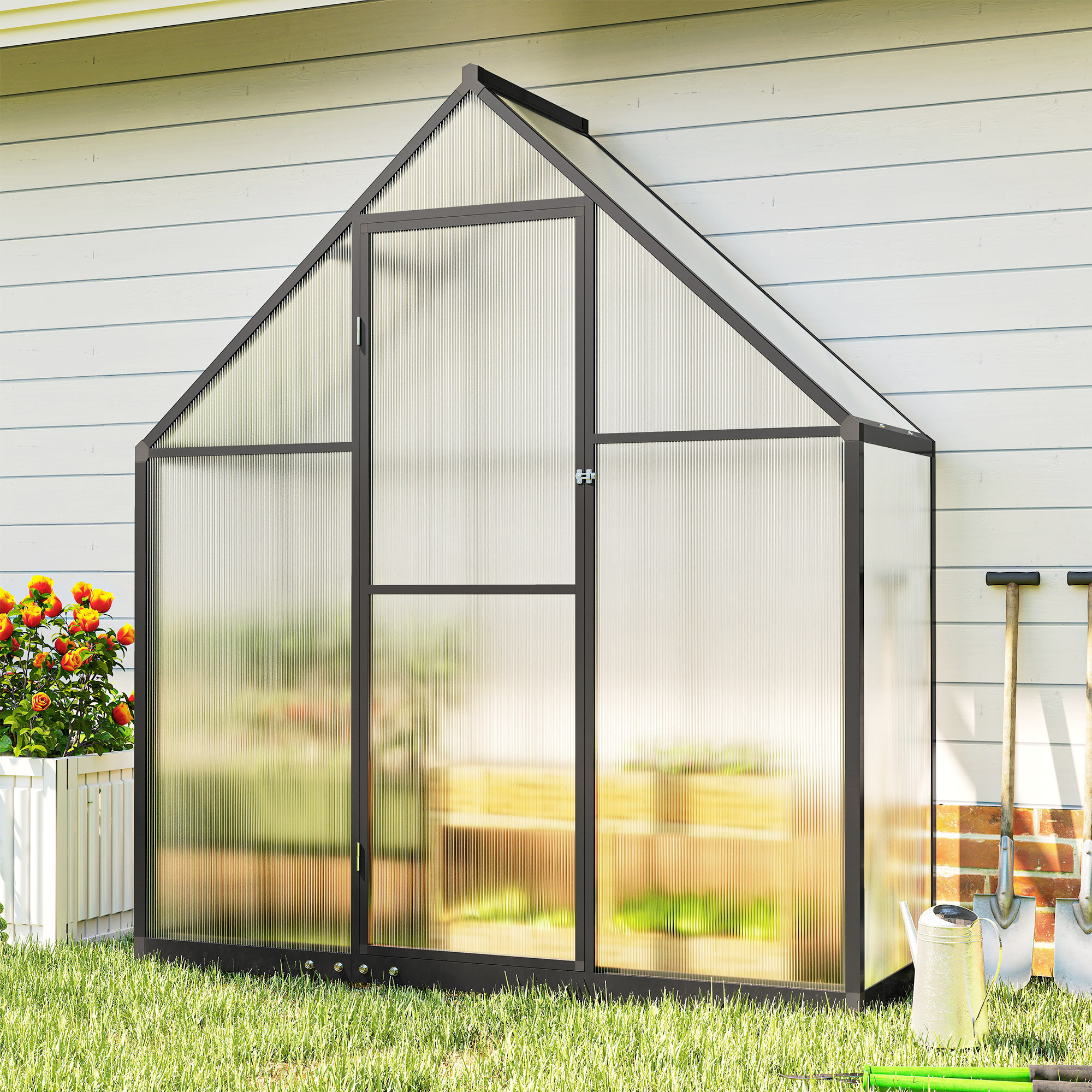 Serre de jardin alu polycarbonate - porte, lucarne - 1,7 x 0,58 x 1,95 m - noir