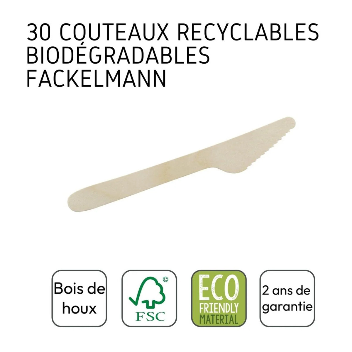 Lot de 30 couteaux en bois jetables recyclables et compostables Fackelmann Move