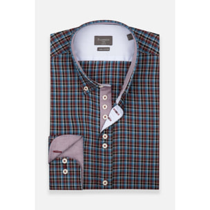 Camicia Uomo 1 Bottoni Button Down Slim Twill Quadro Medio Bordeaux e Blu Chiaro