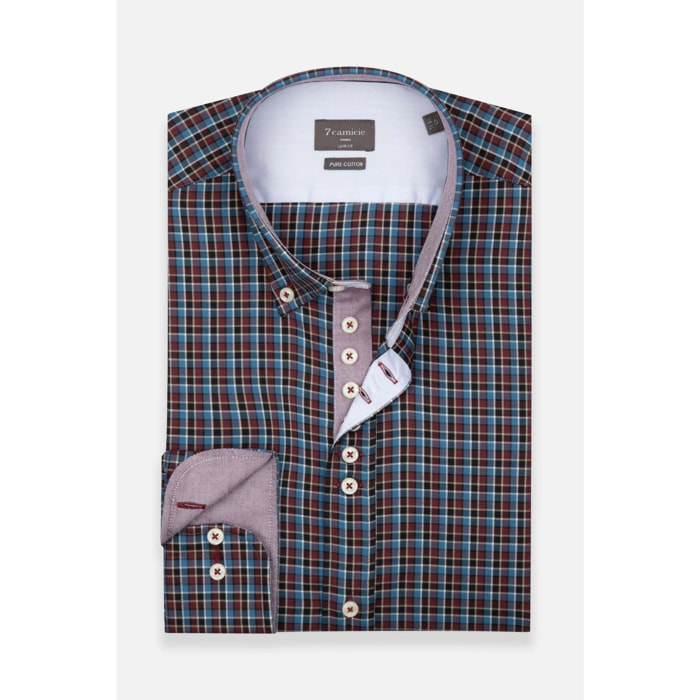 Camicia Uomo 1 Bottoni Button Down Slim Twill Quadro Medio Bordeaux e Blu Chiaro