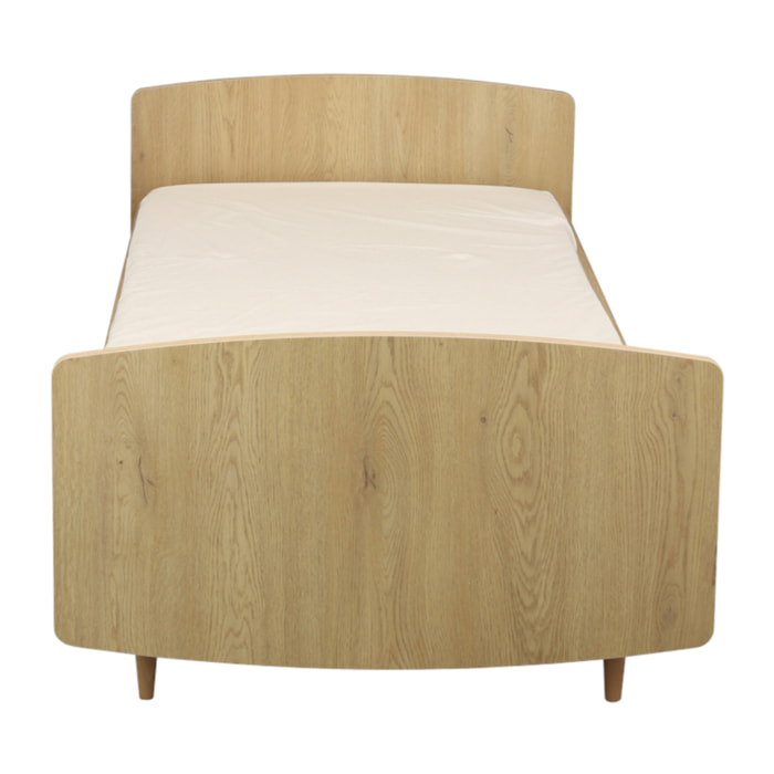 Lit junior 190x90cm avec sommier et matelas inclus - décor bois chêne vintage