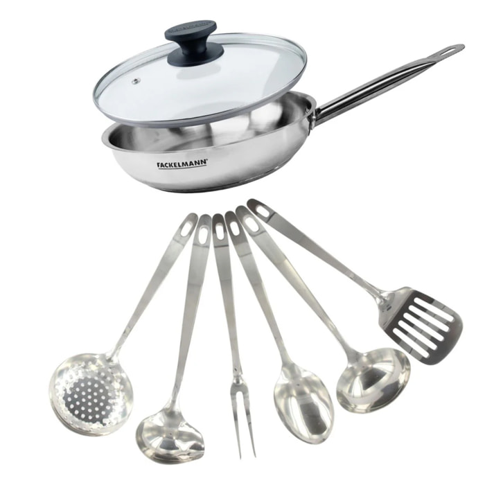 Set poêle 28 cm en inox, couvercle verre et 6 ustensiles inox Fackelmann Eterna
