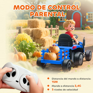 Tractor Eléctrico para Niños con Remolque Desmontable, Tractor de Juguete de Batería 12V, Velocidad 3-5 km/h, Control Remoto 2,4G, Música, Bocina, para Niños de 3-8 Años, Azul
