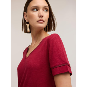 Motivi - Camiseta de mezcla de lino con perfiles color oro - Rojo