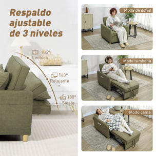 Sofá Cama de 1 Plaza 3 en 1, Sofá Cama Plegable Tapizado en Terciopelo Ecológico con Respaldo Ajustable 3 Niveles, 6 Bolsillos Laterales y Almohada, para Dormitorio, Salón, 74x85,5x82 cm Verde