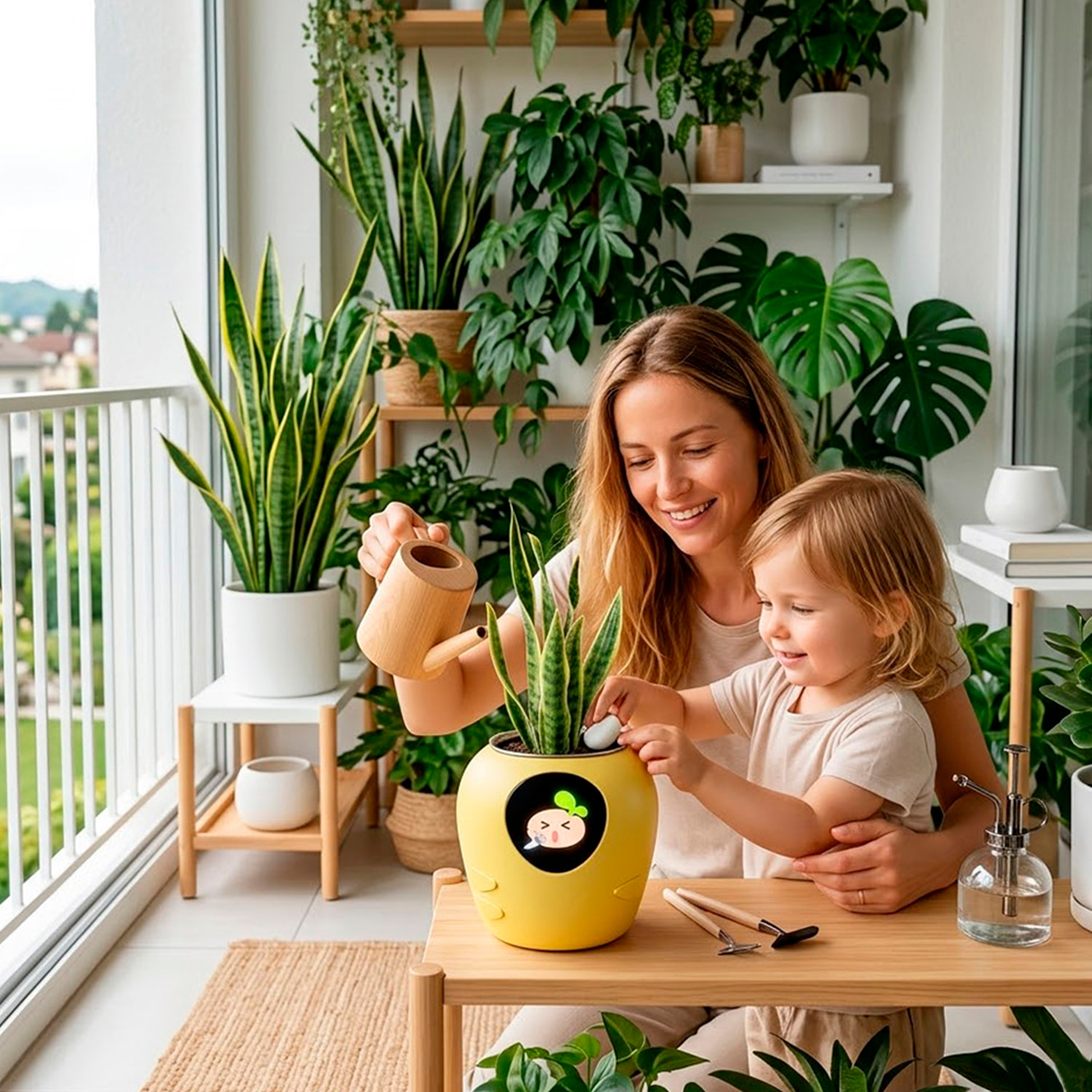 Vaso intelligente A2 con sensori interni ed esterni, display interattivo con espressioni facciali, batteria da 2200mAh e monitoraggio completo della pianta.