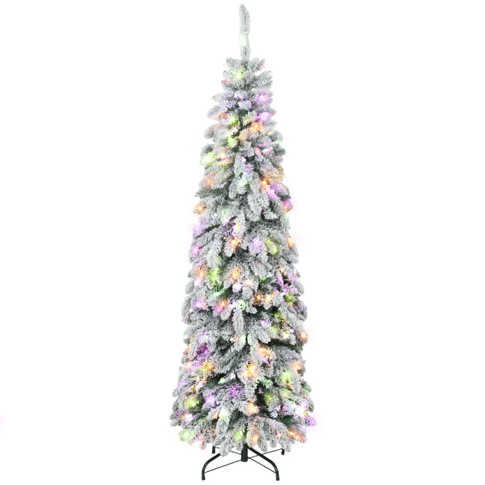 Árbol de Navidad Estrecho 180 cm, Árbol de Navidad Nevado con Luces LED Bicolores, Temporizador, 11 Modos de Iluminación, 540 Ramas, Soporte de Acero, Fácil de Montar, Verde