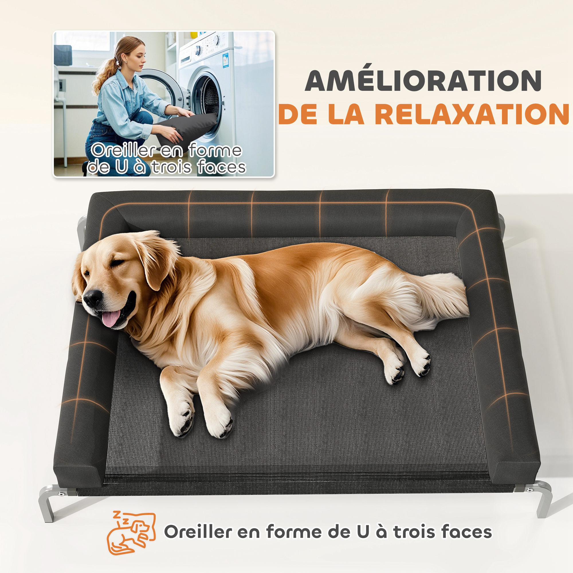 Transat pour animaux - lit pour chien - lit à pieds pour chien avec contour coussin dim. 130 x 90 x 30 cm - noir