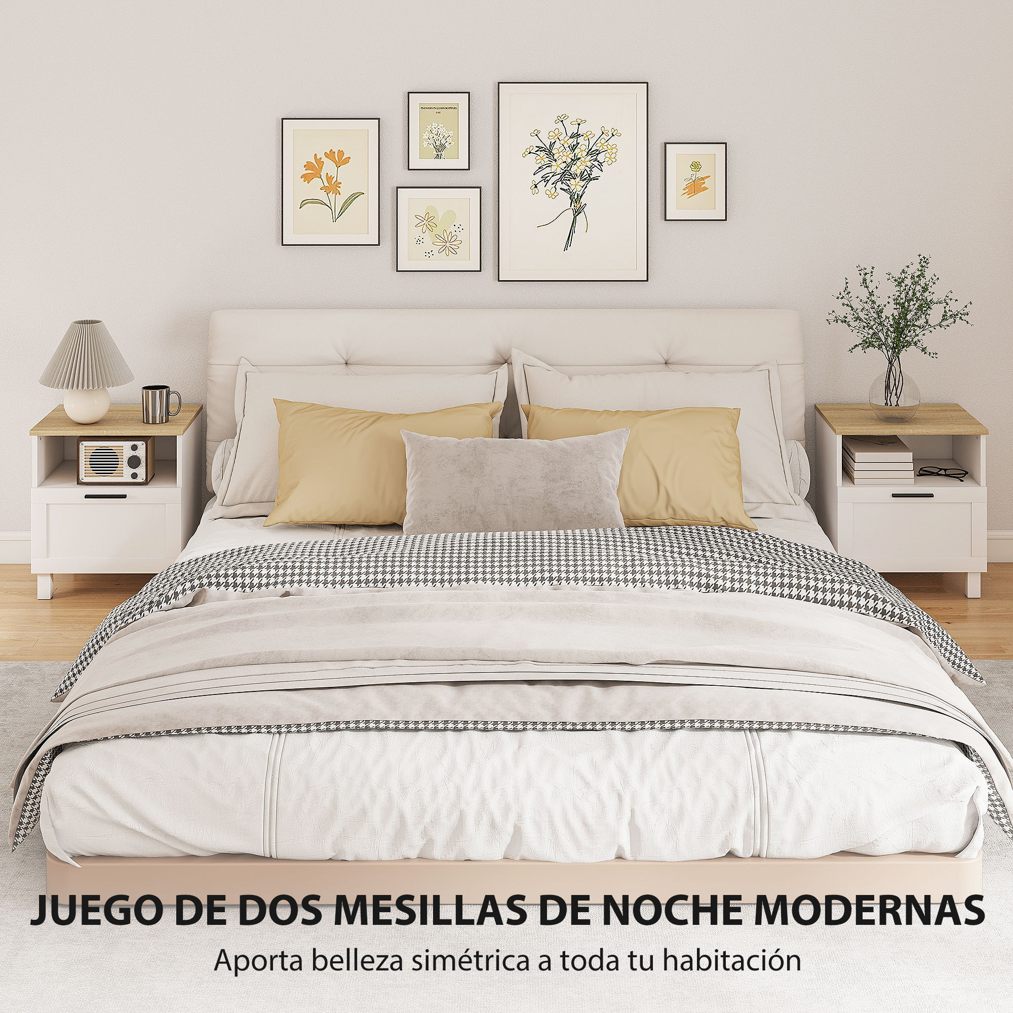 Juego de 2 Mesitas de Noche Modernas, Mesillas de Noche con Cajón, Compartimento Abierto, Patas de Madera, Mesa Auxiliar para Salón, Dormitorio, 45x38x50 cm, Blanco