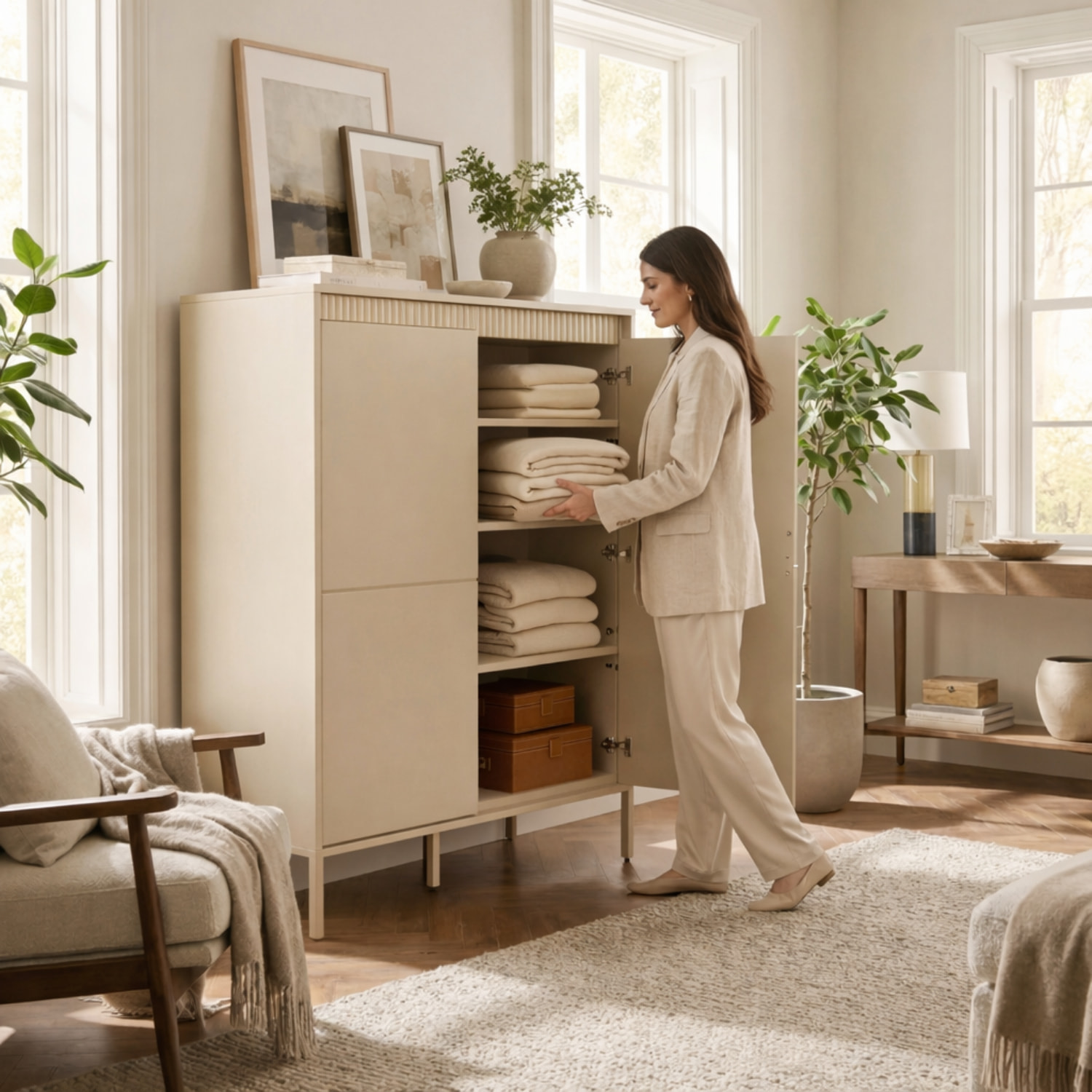 Credenza Alta 3 Ante Push To Open Con 5 Ripiani 7 Vani Mobile Soggiorno Salotto Zona Living Design Moderno Minimal 103.5 x 123.4 x 39.5 Cm Cashmere