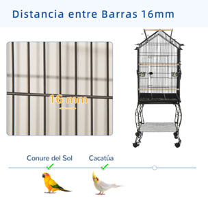 Jaula para Pájaros 50x58x145 cm Pajarera Metálica con 3 Puertas 2 Comederos 3 Perchas Bandeja Extraíble Estante Abierto y 4 Ruedas para Canarios Periquitos Negro