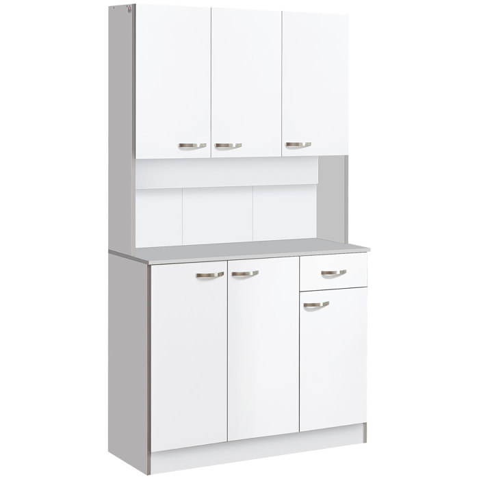 Buffet haut multi-rangement - 6 portes, tiroir, grand plateau - dim. 101L x 39l x 180H cm - panneaux particules blanc gris