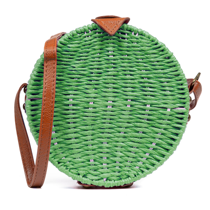 IRIA QUINTANA Borsa a tracolla da donna Cuneo. Tessuto Paglia Pelle Sintetica PU 18x4x18 Cm. Colore verde chiaro