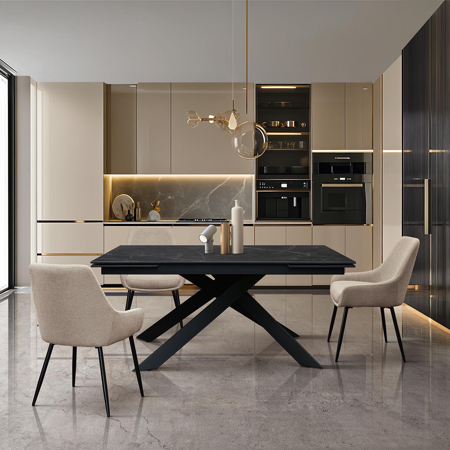 Tavolo CALVI in ceramica, effetto marmo nero e base in metallo verniciato nero, allungabile 160x90 cm-240x90 cm