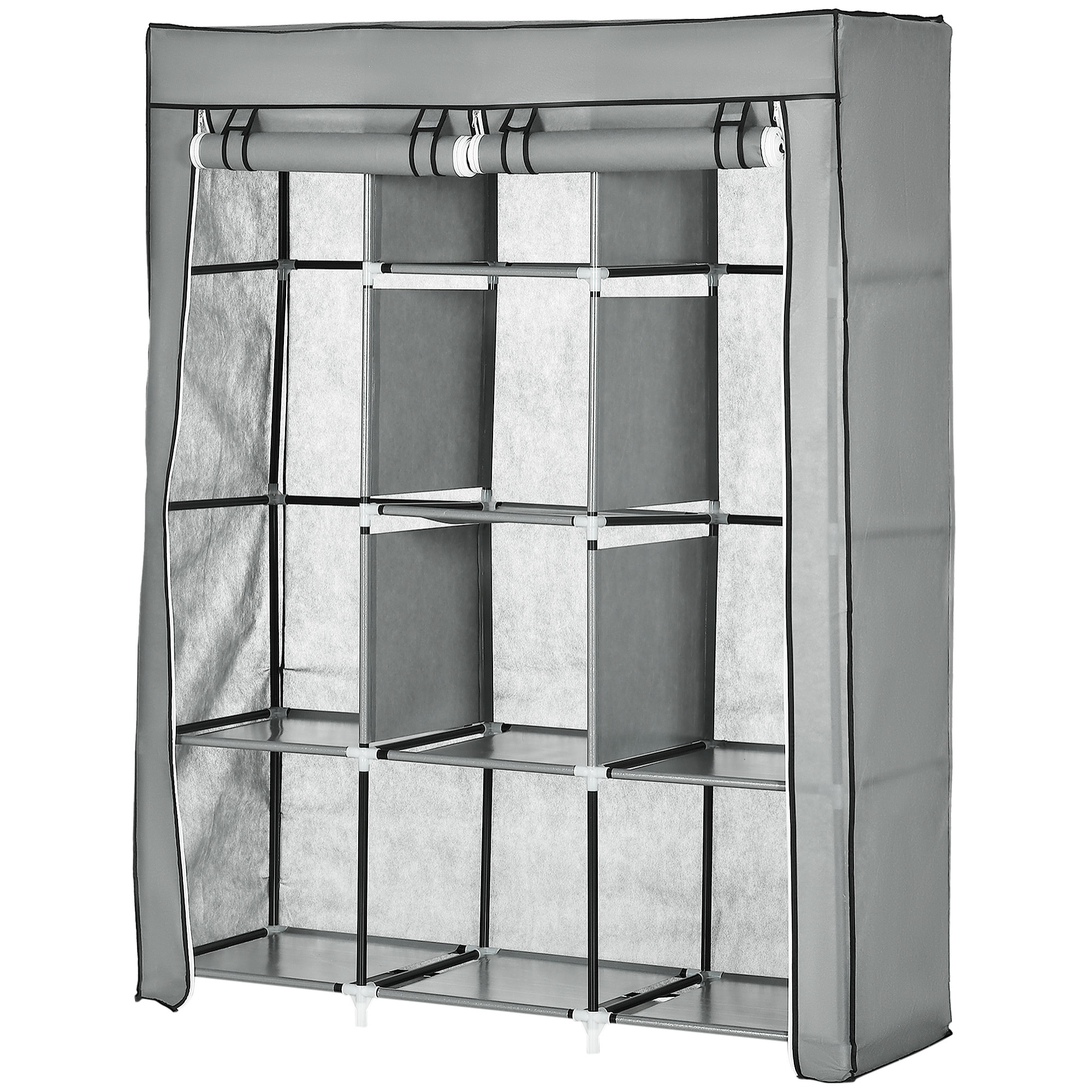 Armoire penderie multi-rangement - 8 étagères, 2 barres - dim. 125L x 43l x 162,5H cm - acier noir non tissé gris clair