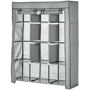 Armoire penderie multi-rangement - 8 étagères, 2 barres - dim. 125L x 43l x 162,5H cm - acier noir non tissé gris clair