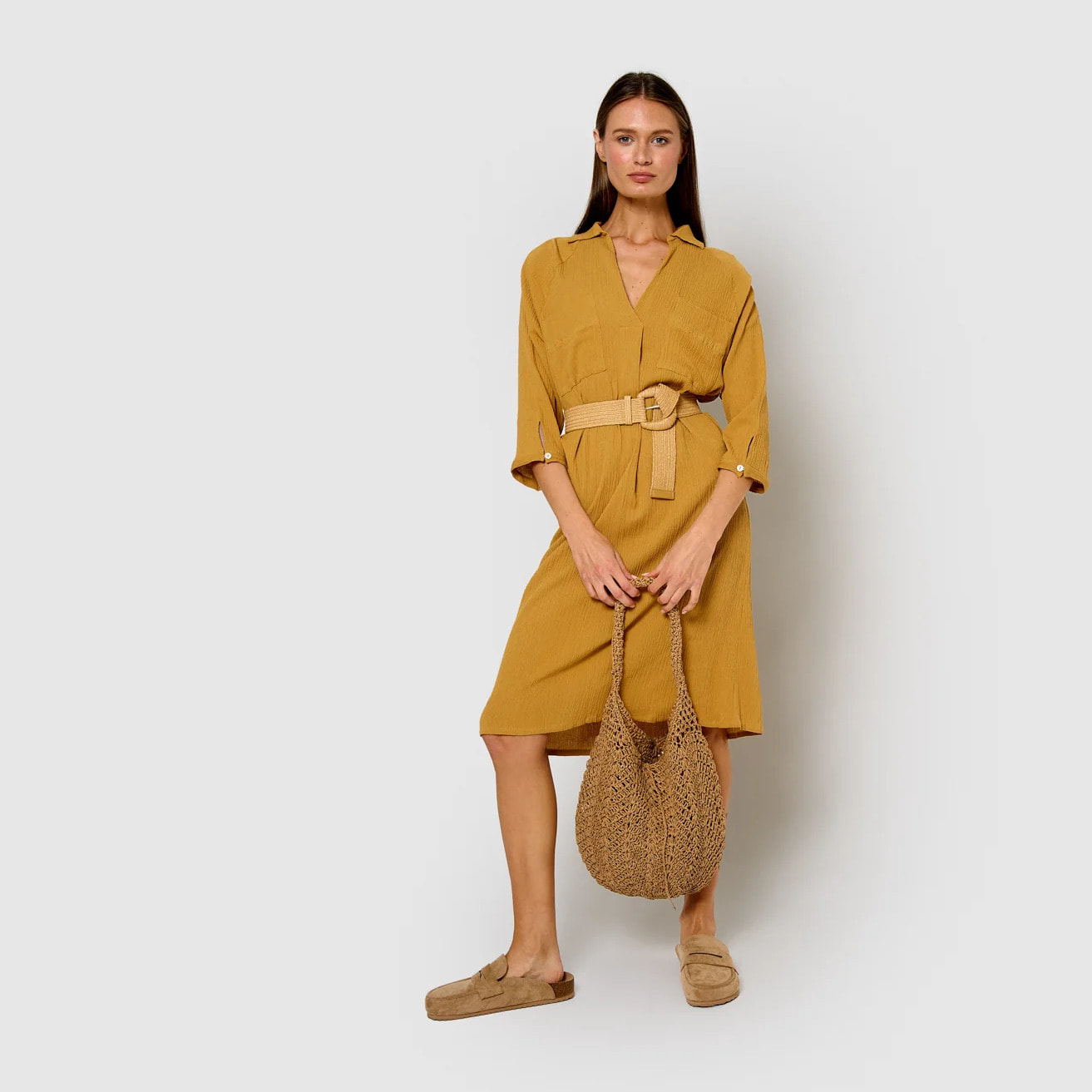 Vestido midi algodón lino ocre