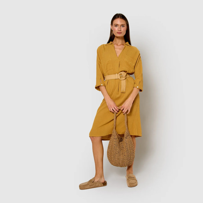 Vestido midi algodón lino ocre