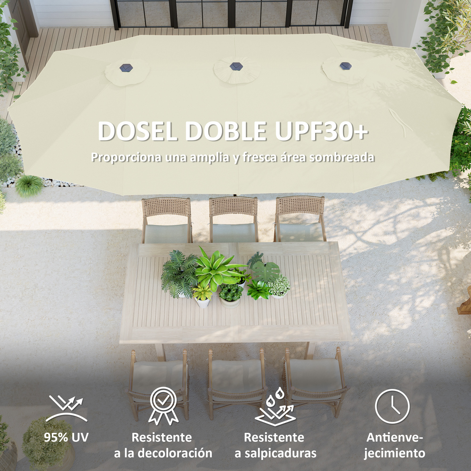 Sombrilla Doble 4x2,2 m Sombrilla Terraza Exterior con Manivela Manual Impermeable y Protección UV30+ Parasol Grande para Terraza Playa Piscina Crema