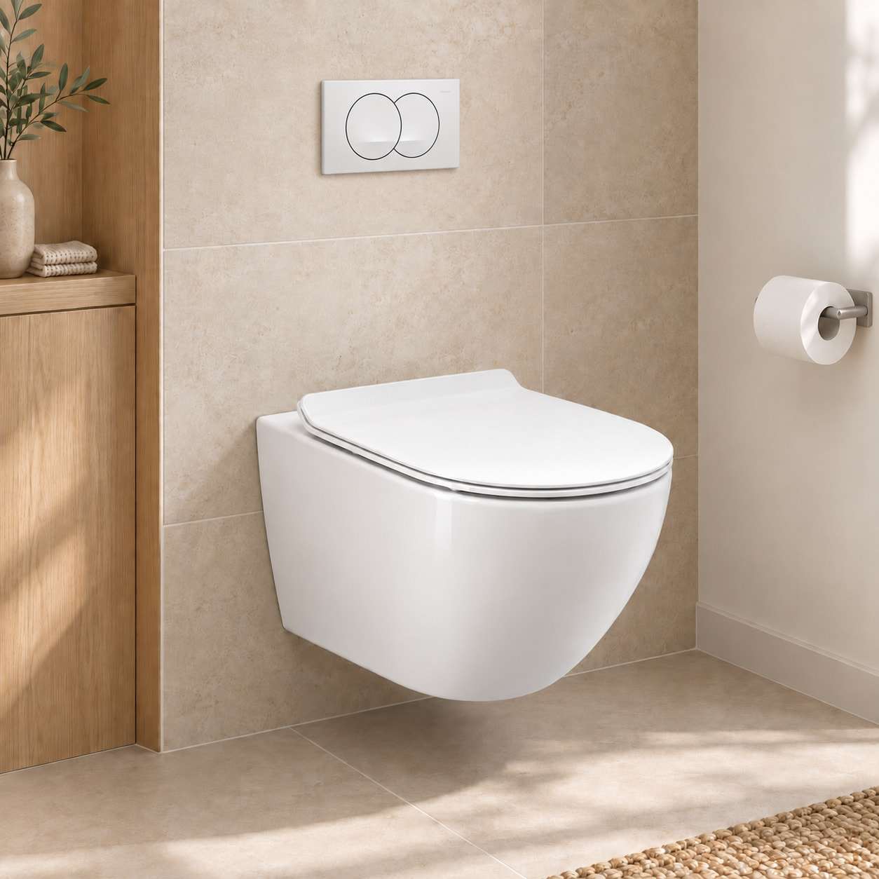 Pack WC suspendu Geberit Duofix, cuvette WC Ceramia sans bride à chasse tourbillonnante, abattant SoftClose, plaque blanche
