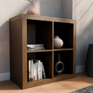Etagère bibliothèque cubique 2 niveaux 4 compartiments. casiers. effet bois de noyer. L 76 x P 39 x H 76cm