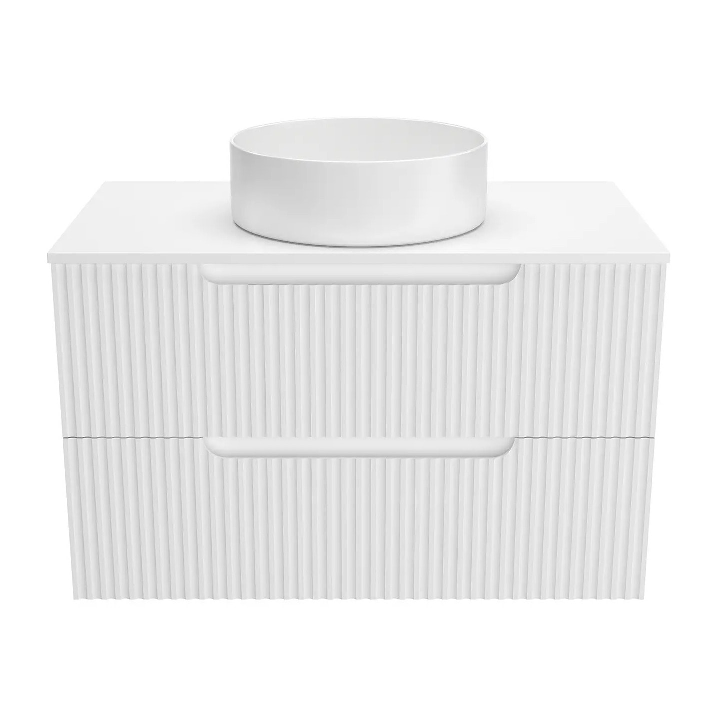 Meuble de Salle de Bains LEON 80cm Blanc Neige - 2 Tiroirs en MDF Ondules - Vasque Ronde 36cm