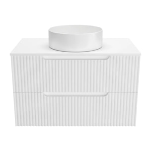 Meuble de Salle de Bains LEON 80cm Blanc Neige - 2 Tiroirs en MDF Ondules - Vasque Ronde 36cm