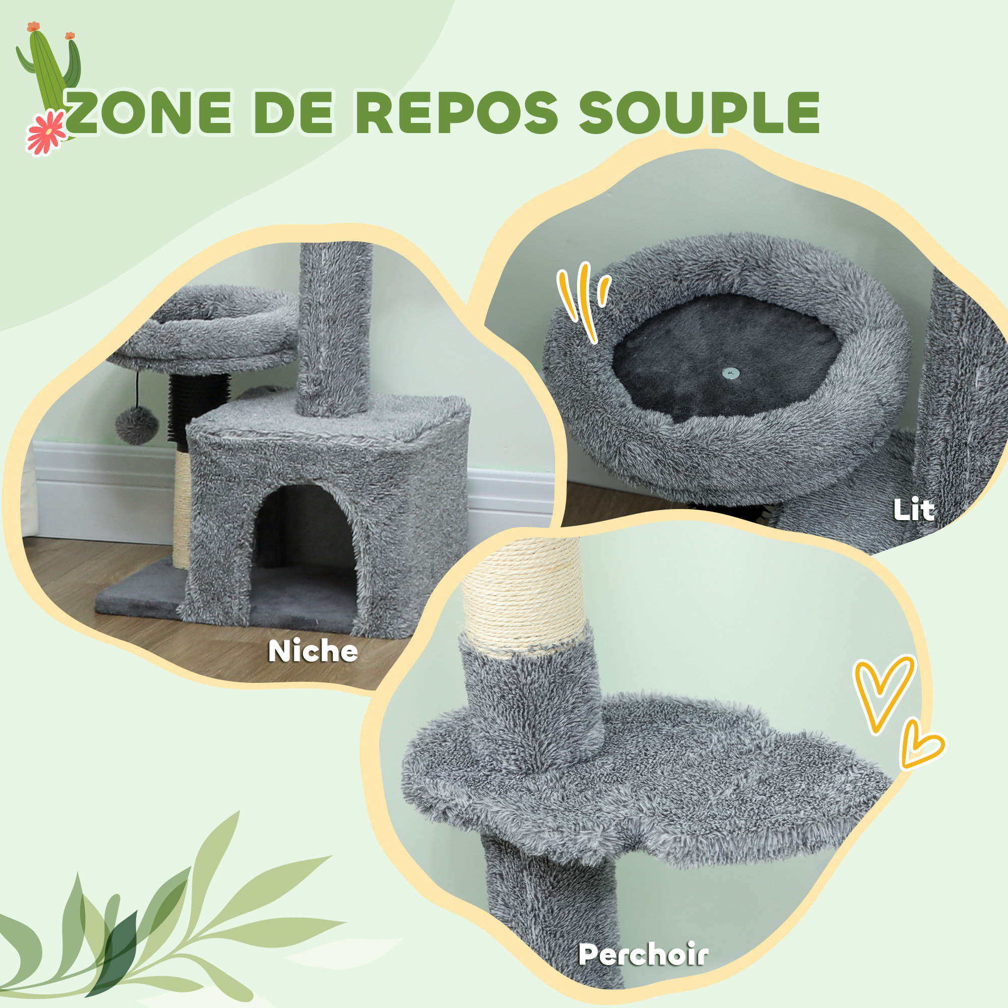Arbre à chat du sol au plafond H.225-255cm - arbre à chat tour réglable - niche, plateformes, griffoirs, boules - gris