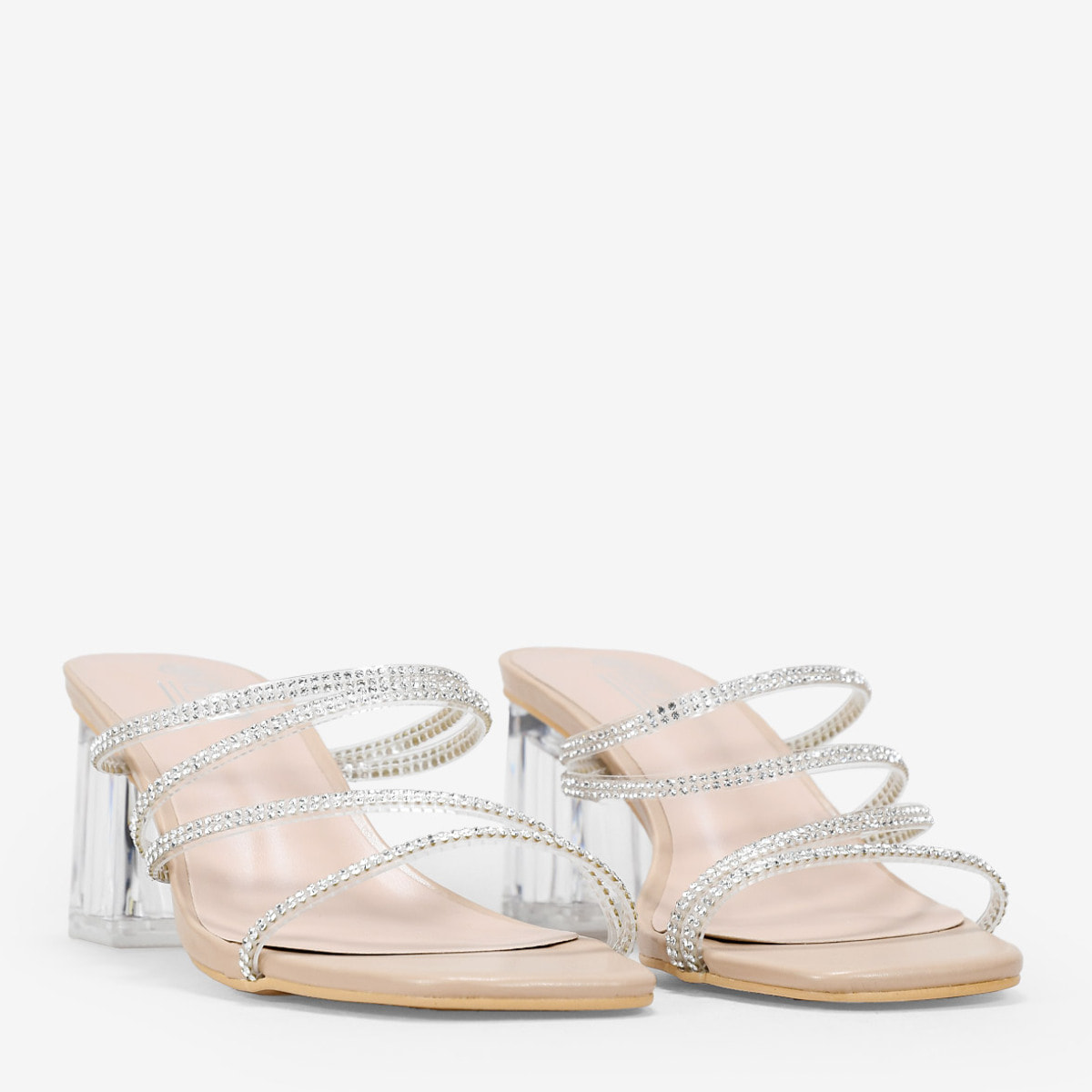 Sandalias de tacón transparentes con brillantes