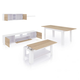 Pack salón con mesa de centro y mesa de comedor Kenzo Max V1A Blanco Artik (Blanco Mate) - Roble Canadian