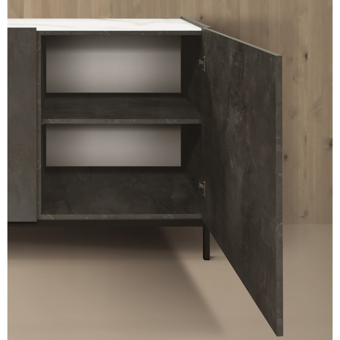 Credenza PIETRASANTA in legno, finitura in acciaio ossidato, piano effetto marmo statuario, 200x50 cm