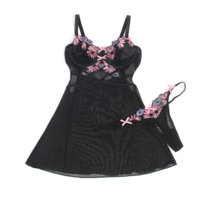 Camisón con tirantes y sujetador con realce, bordado de flores en color negro