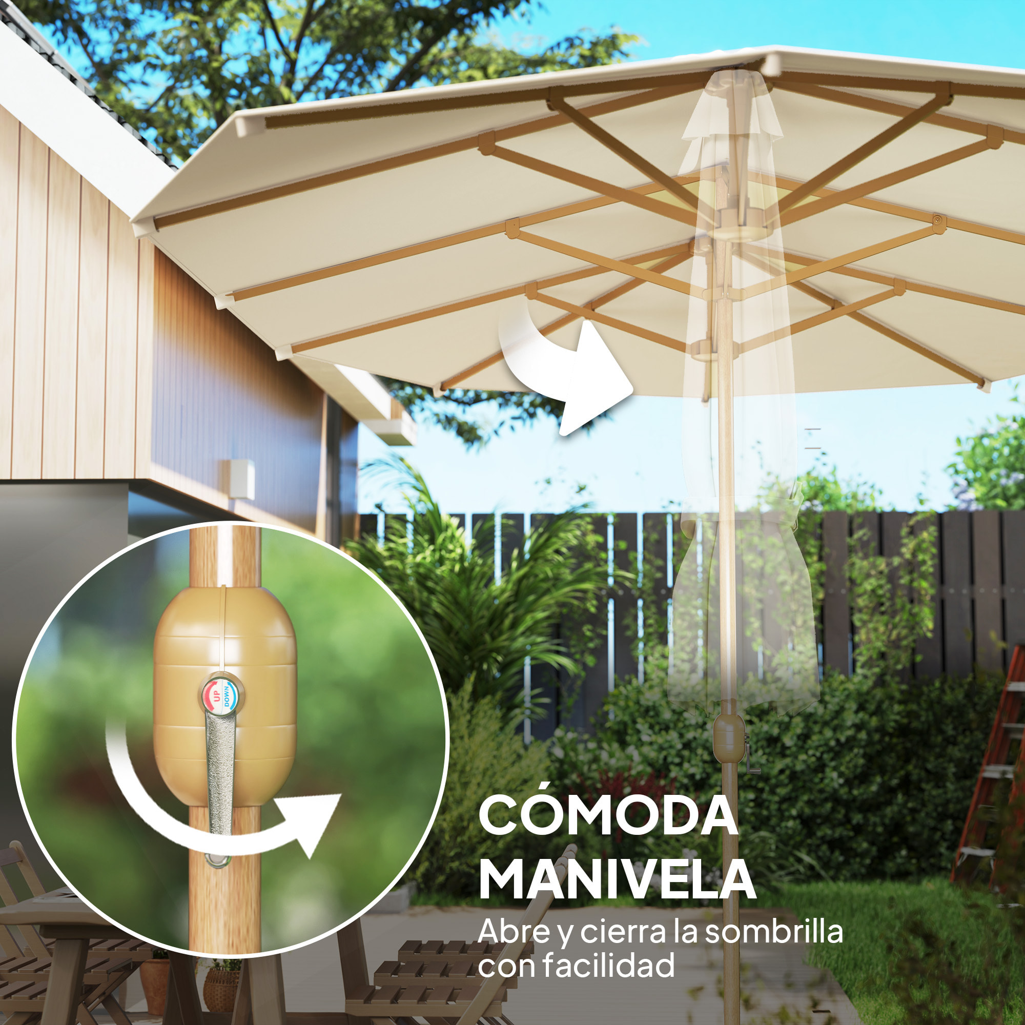 Sombrilla Doble 4,55x2,65 m Sombrilla Terraza Exterior con Manivela Manual Resistente al Agua y Protección Solar Sombrilla Grande para Terraza Playa Piscina Crema