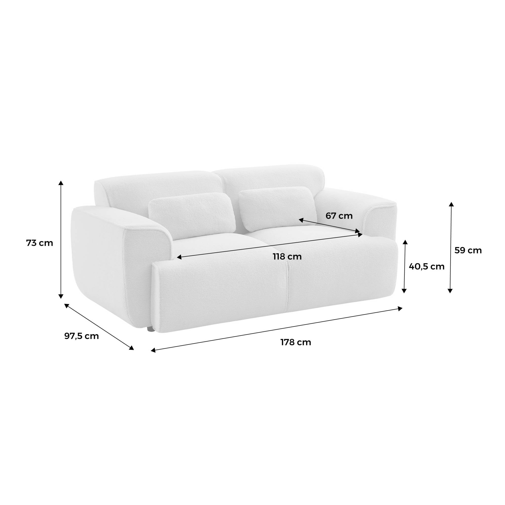 Canapé 2 places. tissu bouclette. 2 coussins déhoussables. Wallas  L 178 x P 97.5 x H 73cm