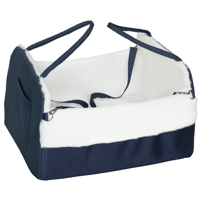 Siège auto sac de transport chien 2 en 1 - réglable - revêtement effet fourrure déhoussable - polyester bleu