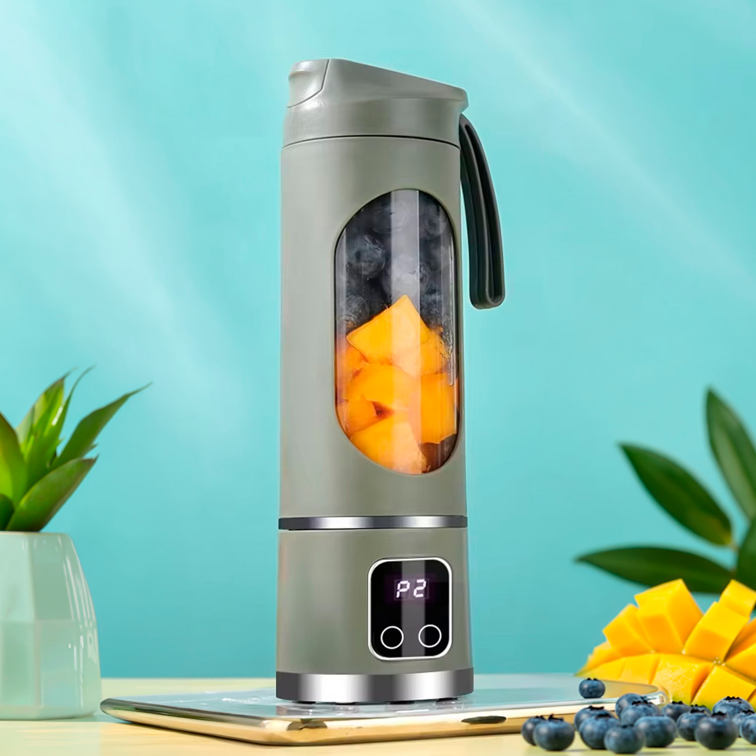 Frullatore portatile da 450ml con 10 lame in acciaio, schermo LCD, 3 livelli di timer, sicurezza con doppio clic e batteria da 1300mAh.