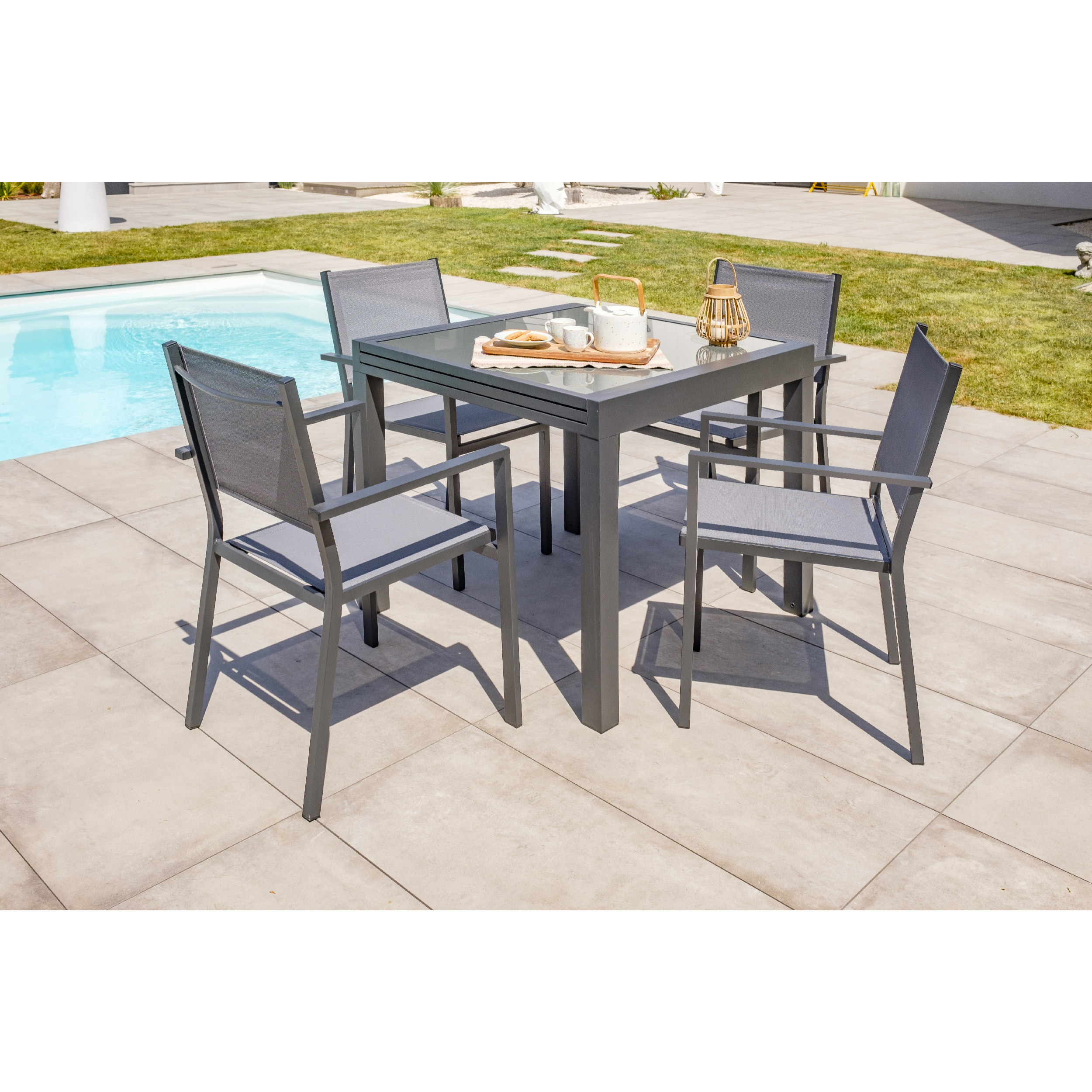 TOLEDE - Lot de 2 fauteuils de jardin en alu anthracite toile plastifiée grise