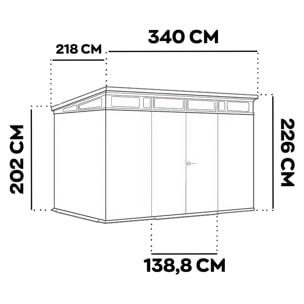 Pent 11x7 - Casetta da Giardino 342x226x218 cm 2 Ante per deposito attrezzi finitura effetto legno Evotech+ in Resina Marrone e Nero
