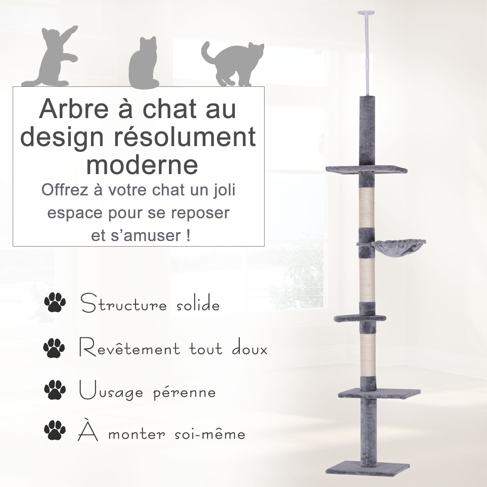 Arbre à chat poteau à griffer L40 x l 34 x H 230-260 cm 5 niveaux d'activités gris