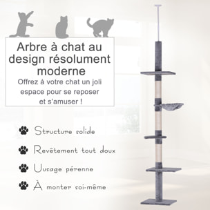 Arbre à chat poteau à griffer L40 x l 34 x H 230-260 cm 5 niveaux d'activités gris